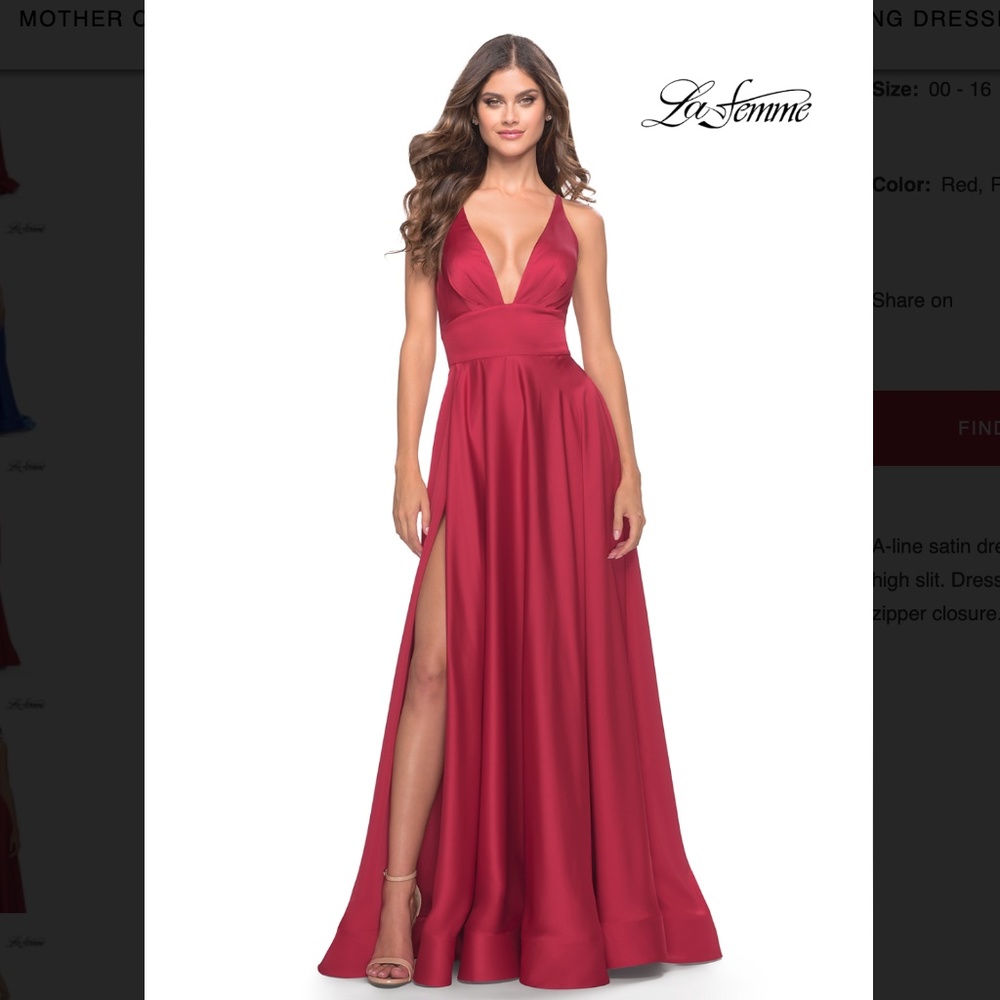 LA FEMME: Red Strappy Back Satin Thigh High Slit Formal Ballgown (NWT)